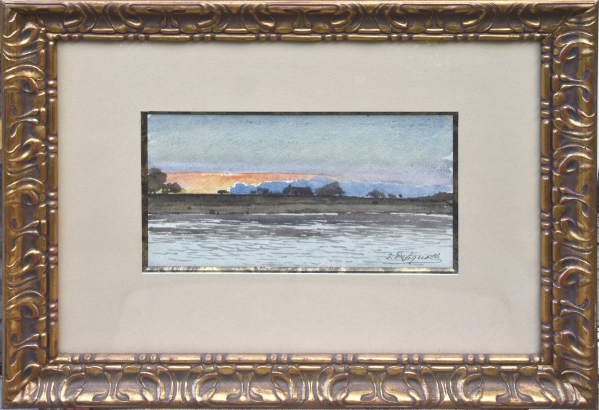 Ernest Designolle "lake At Sunset" Watercolor 13.5x23